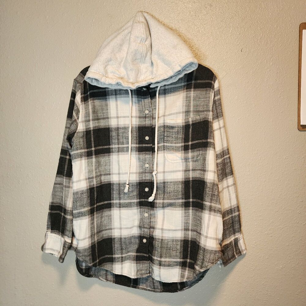 American Eagle Hooded Plaid Flannel Shirt Med Black White Grunge Skate Shacket